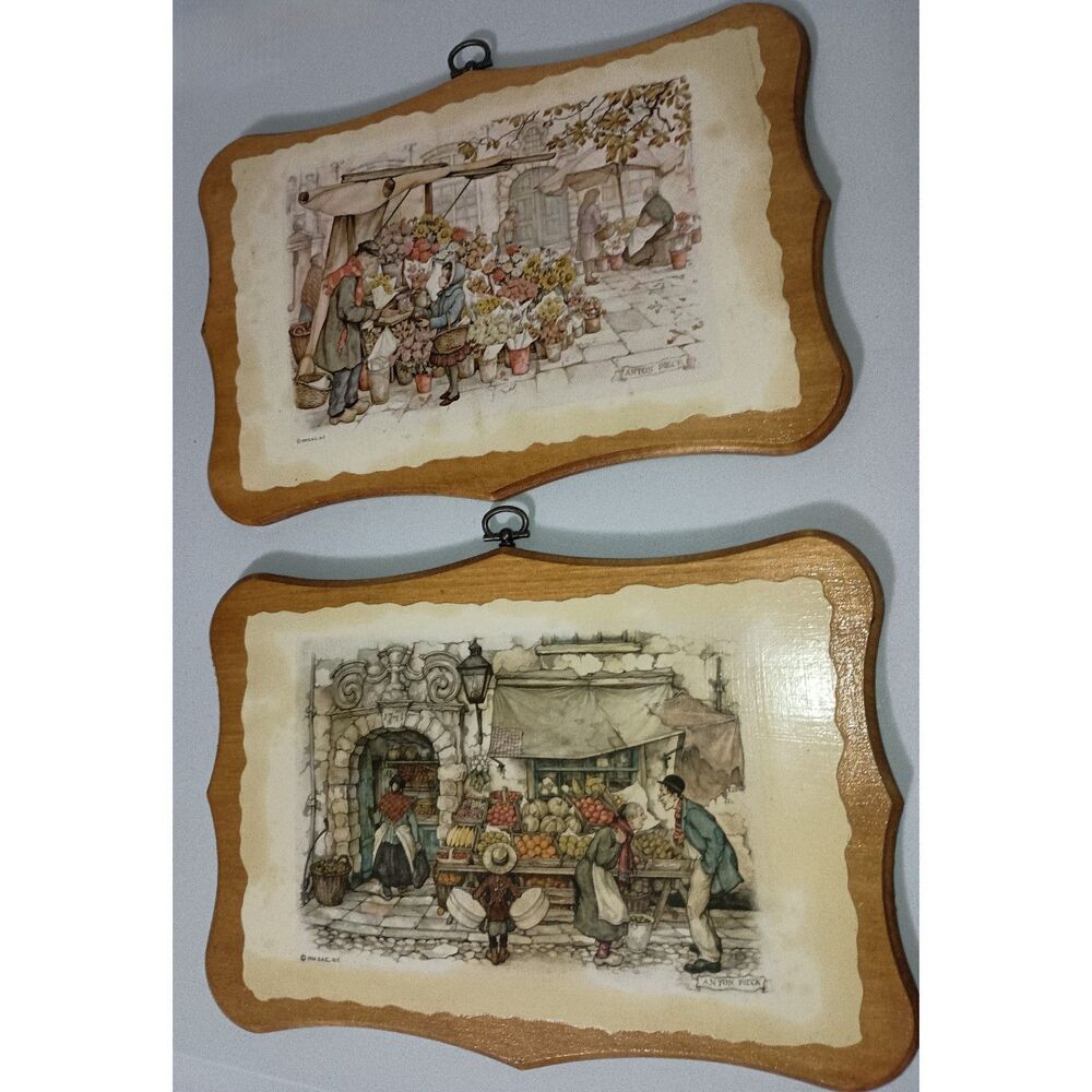 Vintage Anton Pieck Wood Plaques-Boy at Fruit Stand/Girl at Flower Stand (1966)
